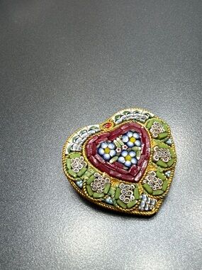 Vintage Large Heart Mosaic Brooch Green, Red, Blue Floral #11MO